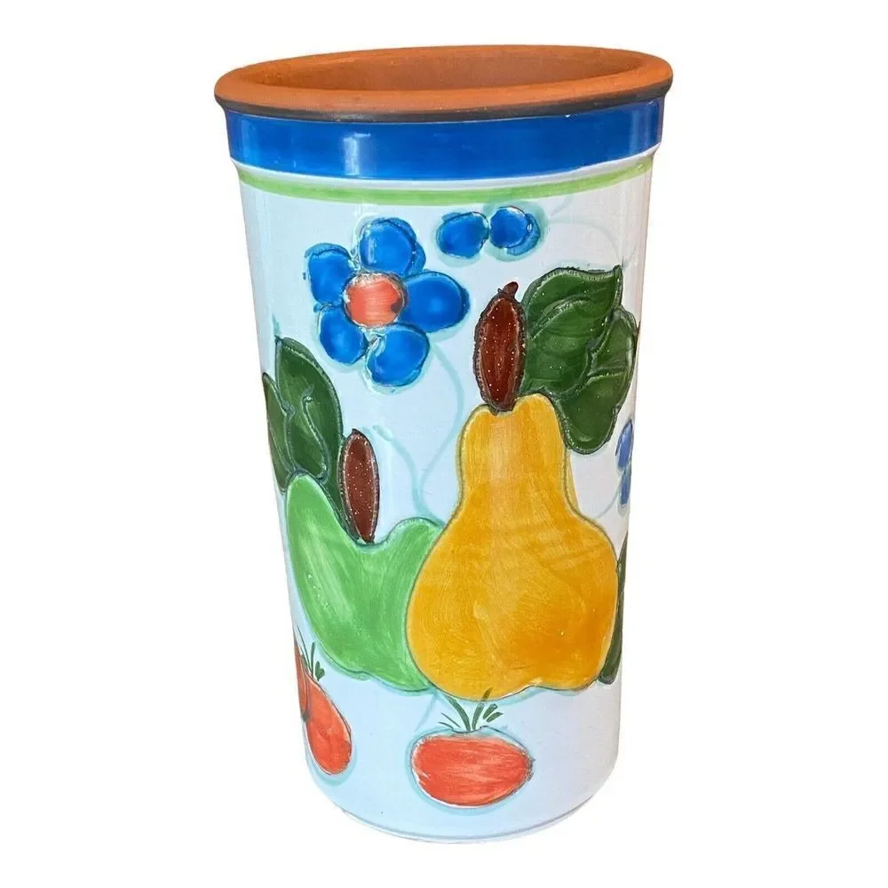 Vtg Italy Utensil Holder Wine Cooler Hand Painted Terracotta Floral Fruit 9.25